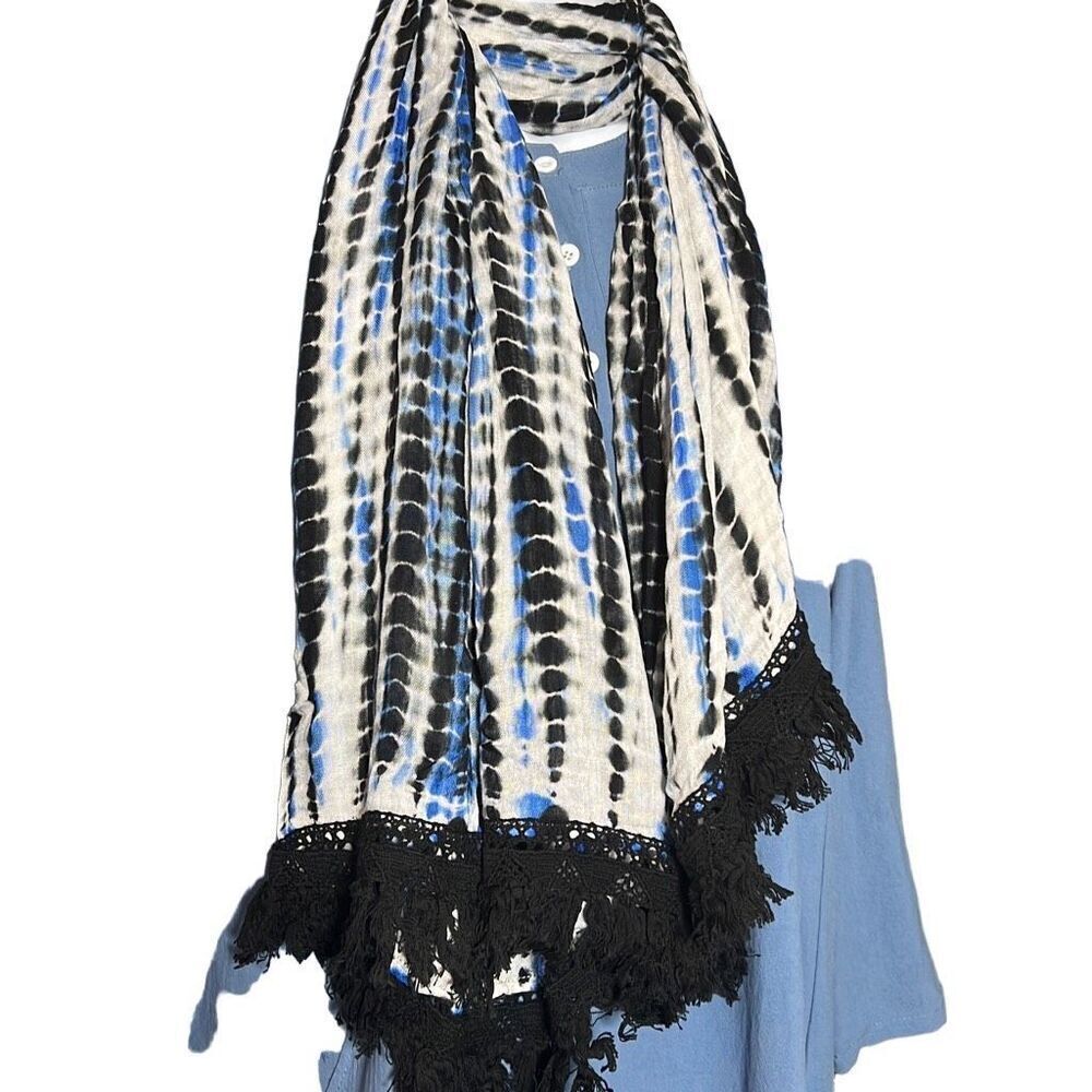 Gypsy Sand Women's Frayed Hem Tie-Dye Pattern Blue/Black/Cream Scarf NWT